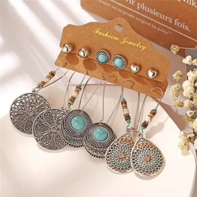 Vintage Big Round Multicolor Beaded Long Earrings Set (6 Pairs)